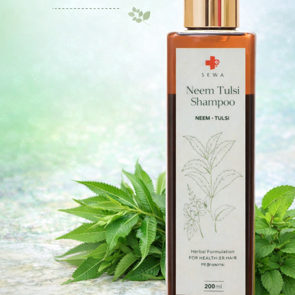Sewa Neem Tulsi Shampoo herbal hair care product bottle with Neem and Tulsi ingredients for dandruff control, scalp cleansing and healthy hair growth – 200ml.