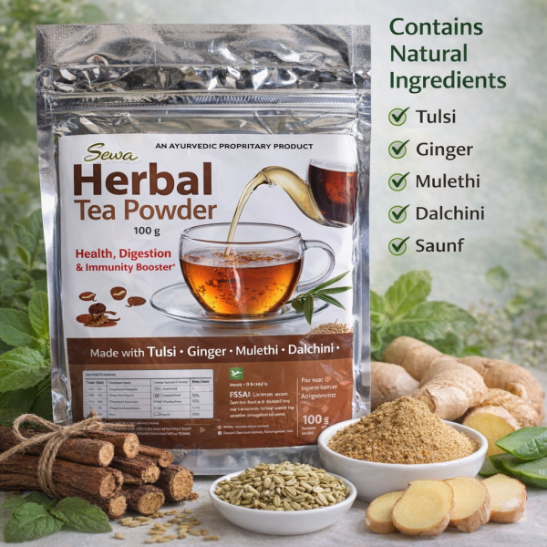 Sewa Herbal Tea Powder 100g Ayurvedic Tea with Tulsi Ginger Mulethi Dalchini Saunf for Health Digestion and Immunity