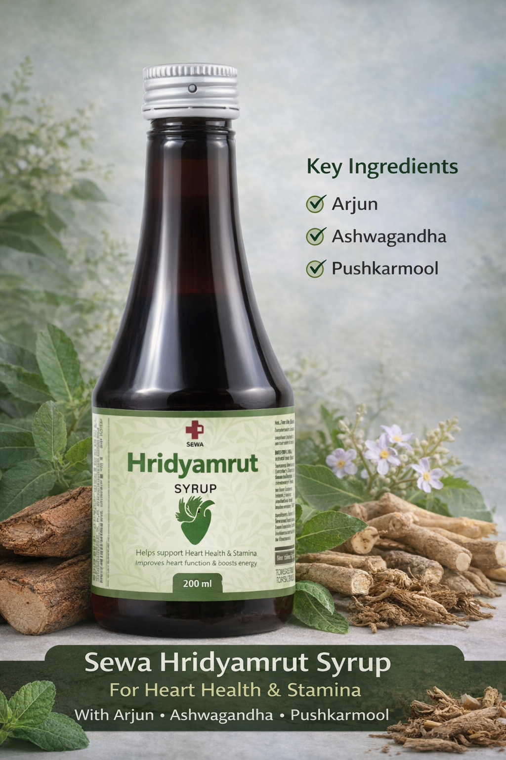 Sewa Hridyamrut Syrup – Ayurvedic Heart Health & Energy Tonic Sewa Hridyamrut Syrup Ayurvedic Heart Health Tonic with Arjun Ashwagandha Pushkarmool 200ml