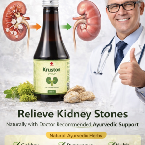 Sewa Kruston Syrup Ayurvedic kidney support syrup bottle with kidney stone before and after illustration and natural herbal ingredients like Gokhru, Punarnava and Varun.