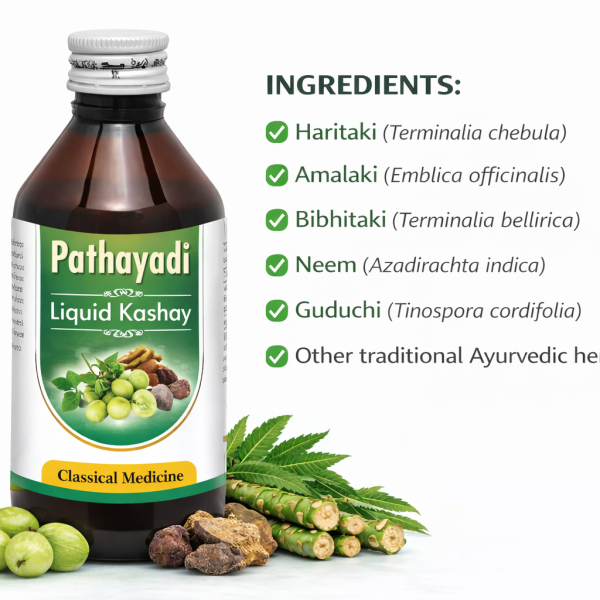 Pathayadi Liquid Kashay Ayurvedic herbal medicine for cold, fever and indigestion relief